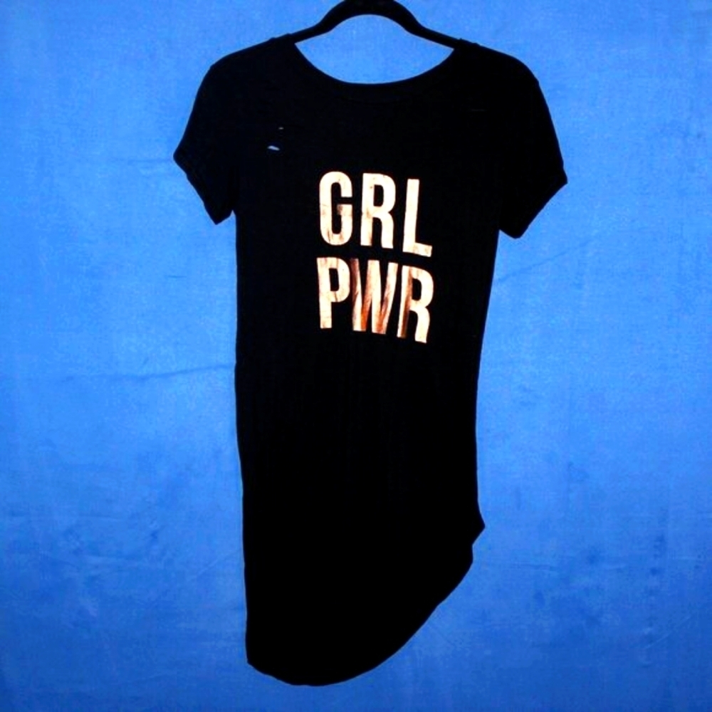 Stella Tweed GRL PWR Distressed T-Shirt Black Small